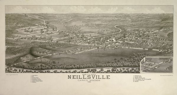 Bird's-eye map of Neillsville, with inset.
