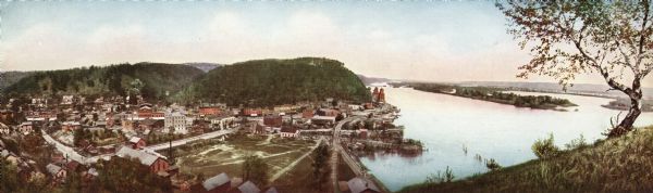 Bird's-eye view of McGregor on the Mississippi River.