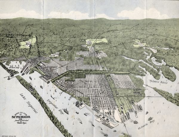 Bird's-eye map of Superior.  Looking from the point, with Superior Bay on left, St. Louis Bay on right, below St. Louis River.