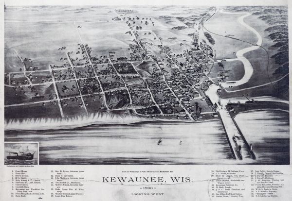 Bird's-eye map of Kewaunee, with inset of The Kewaunee and Frankfort Car Ferry Line.