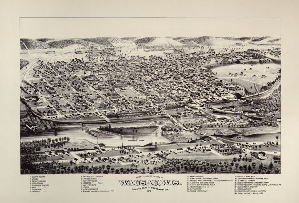 This map is a bird's-eye view of Wausau, the County Seat of Marathon County. The map features an index of points of interest.