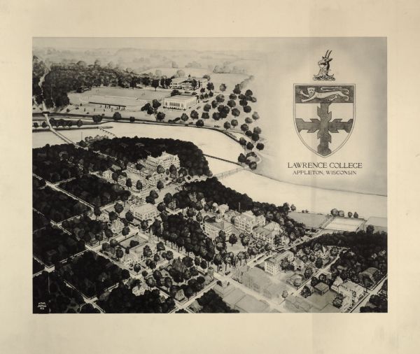 Trees interspersed with college buildings in lower half of image, with Fox River bisecting the middle, and a few buildings across the river with open fields predominating. College crest in upper right corner. Two bridges cross river; one at center, one on left side.