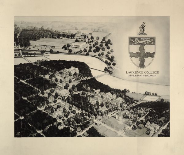 Trees interspersed with college buildings in lower half of image, with Fox  River bisecting the middle, and a few buildings across the river with open fields predominating.  College crest in upper right corner.  Two bridges cross river; one at center, one on left side.