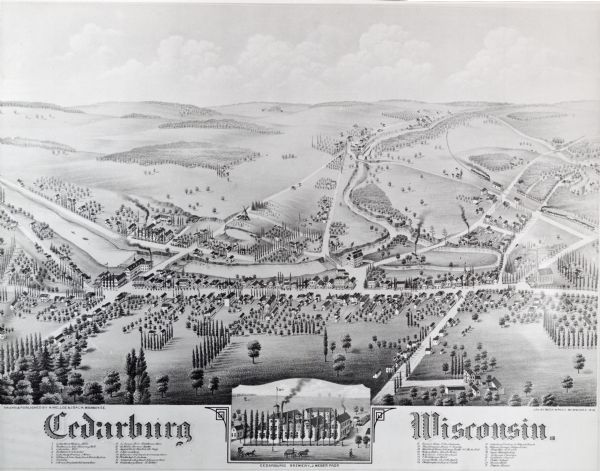 This map of Cedarburg is a bird's-eye map with an inset of Cedarburg Brewery. Relief is shown pictorially and the map includes an index to buildings.