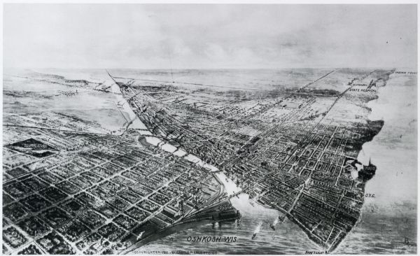 Black and white image, looking west from Lake Winnebago with Fox River flowing from top left corner to bottom right corner. Streets laid out with indications of buildings, not much detail. With South Park at left edge, OYC, North Park, Indian Point, and the State Hospital labeled at right edge, and the Country Club labeled at the top right.