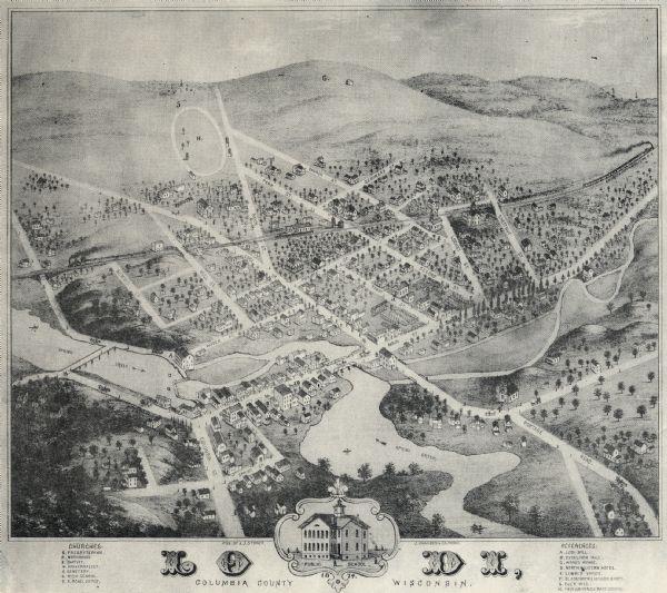 Bird's-eye map of Lodi, with inset of Public School. Includes index of churches and points of interest.