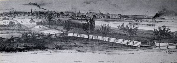 From Judge Smith Addition, 5th Ward, looking north, toward the city. Drawing is an elevated view of field and plank fence in foreground, road to the left and steam train to the right (crossing over water?).  There is a side paddle steam ship in the harbor, along with sailboats pulled up on land, and a horse on the end of that land spit. Several large buildings are distinguishable, and named with corresponding numbers at the bottom of the image, Horace Chase residence, St. John's Church, Newhall House, Cathedral, Newhall residence, Lockwood's residence, Light house, and Lake shore.