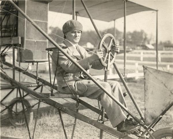 Lincoln Beachey is considered by many to be the greatest aviator of his era. He is pictured here about to take off in his Curtiss pusher, wearing his signature checkered cap.