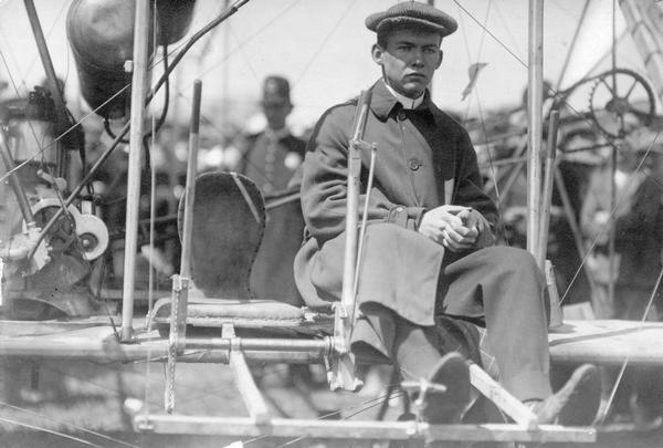 Farnum Fish, the California-born "boy aviator," about to take off in his two-seat Wright Model B during a flying exhibition at the Wisconsin State Fairgrounds.