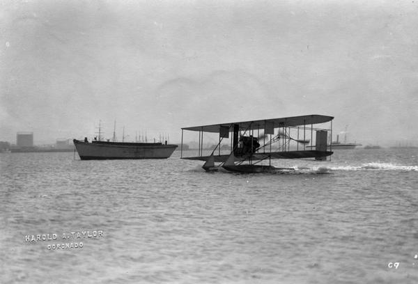 A hydroplane built by the Wright Brothers being tested by the U.S. Navy on San Diego Bay.