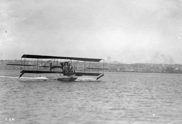 John Kaminski (right) and a fellow student he identified only as "Cy," flying one of the Glenn Curtiss flying boats on San Diego Bay.
