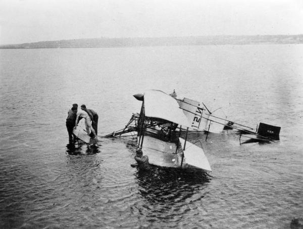 Glenn Curtiss sold two hydroplanes (NS 1 & 2) to the U.S. Navy and continued to test them independently from their base also located on North Island. This snapshot from John Kaminski's scrapbook captures an unsuccessful test flight of NS 1.
