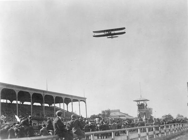 A Wright Model B Flyer at the Wisconsin State Fairgrounds. Although unidentified, this is believed to be the aircraft that Farnum Fish flew at the fairgrounds in 1912.