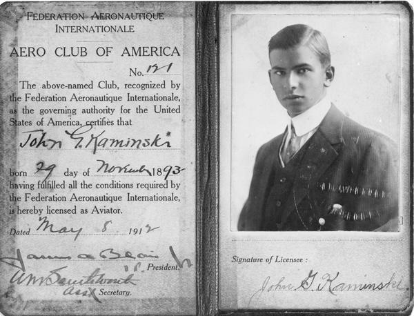 License #121 issued to John Kaminski in 1912 by the Aero Club of America.