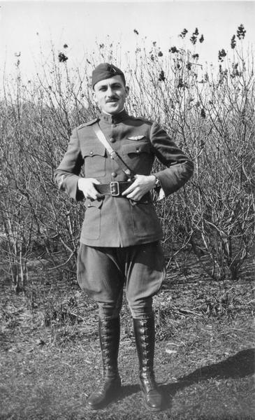 Rodney Williams, a World War I pilot from Delafield, Wisconsin, posed wearing his U.S. Air Service uniform.  With five enemy aircraft downed in July 1918, Williams was the only Wisconsin aviator to qualify for the honorary military distinction of "Ace."
