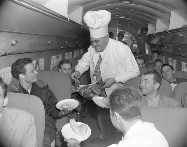 To celebrate the addition of DC-3s to their fleet, North Central Airlines sponsored several special promotional events. One such activity was a special flight for handicapped World War II veterans, with the food served by airline president and co-founder, Francis Higgins.