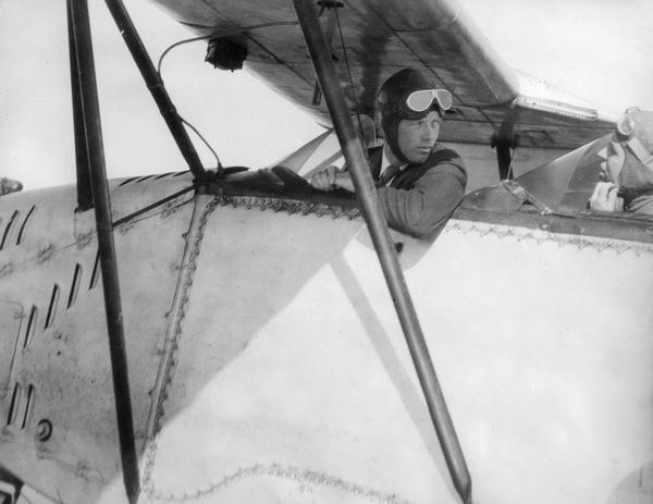 Charles A. Lindbergh in a Fokker biplane.