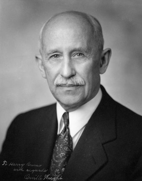 Portrait of Orville Wright inscribed to aviation publicist and historian Harry Bruno, whose collection of papers and photographs is housed at the Wisconsin Historical Society Archives.