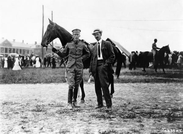 Among the spectators present to watch Orville Wright's demonstration of the Wright Flyer at Fort Myer, Virginia, were Lt. Frank P. Lahm (left), one of the first military officers taught to fly, and Glenn Curtiss, who had already emerged as a rival to the Wrights. Curtiss had publicly demonstrated his plane, the "June Bug" several months earlier. The appearance of Curtiss must have been upsetting to Orville. Eventually the rivalry with Curtiss and the Wrights became so intense that it may have contributed to Wilbur's premature death in 1912.
