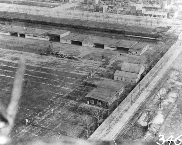 Cicero Field, the airfield operated by the Aero Club of Illinois, as photographed by DeLloyd Thompson from a Wright plane that was piloted by Jesse Brabazon of Delavan, Wisconsin.  The photograph comes from Brabazon's album.