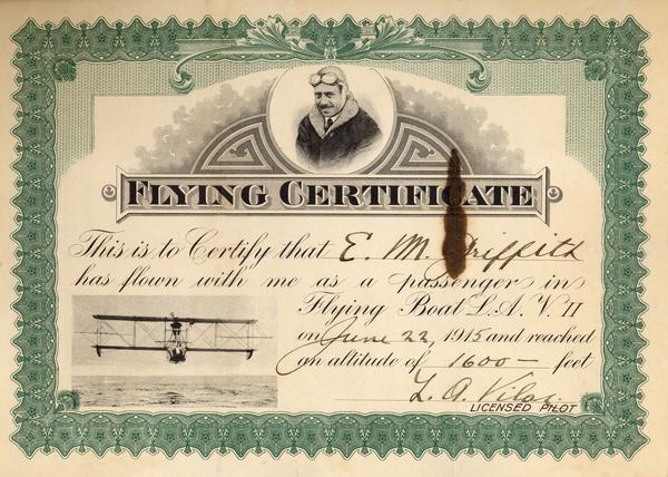 Certificate issued to E.M. Griffith, the Wisconsin State Forester, so that Griffith could prove that he had flown at an altitude of 1600 feet in the "flying boat" piloted by Jack Vilas. A portrait of Vilas and a picture of his flying boat illustrate the certificate. The plane in which Griffith flew is probably the one that Vilas used to spot fires for the state of Wisconsin in 1915, the first known use of an airplane for conservation work.