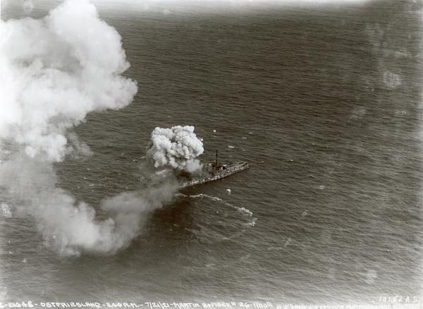 One of the most important moments in the history of American aviation - the sinking of the captured German battleship "Ostfriesland" by American bombers off the coast of Virginia. After World War I Brigadier General Billy Mitchell became an increasingly outspoken advocate of air power. In 1921 he engineered a series of demonstrations of aerial bombing, the most notable of which was the sinking of the "Ostfriesland". The sinking happened in only 21 minutes. Nevertheless, the results of the test, which ultimately vindicated Mitchell, continued to be debated for years.