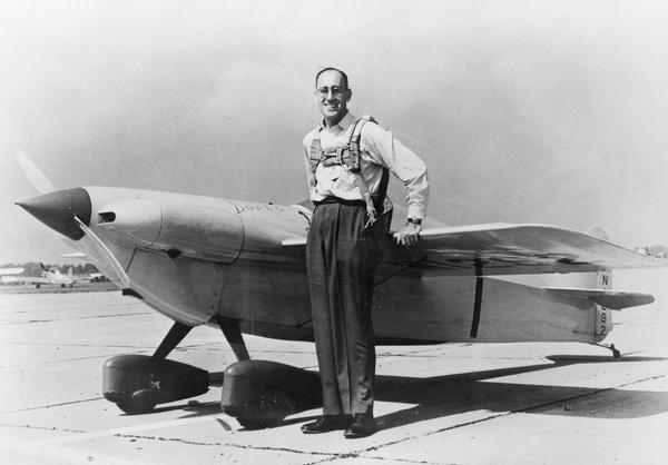 Sylvester J. Wittman of Oshkosh, Wisconsin, one of the all time great racing pilots and race plane builders, with Bonzo II. During his career Steve Wittman held many national speed records.