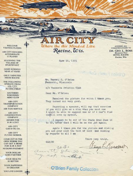 The letterhead stationery of a Racine economic development committee reads:  "Air City, Where the Air-Minded Live,"   The design shows airplanes and even a dirigible leading to a bright new economic future for the city.  During the 1920s aviation and aviation facilities were linked to economic development, and "air-mindedness" was an important civic attribute for businessmen and politicians.