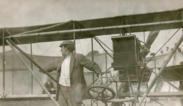 Lincoln Beachey, the best known aviator of the exhibition era, performed in Wisconsin with his Curtiss Pusher airplane on numerous occasions.  This postcard was produced as a souvenir of his appearance at the La Crosse Interstate Fair.  A local newspaper headlined its news coverage: "Remarkable exhibition of control of aeroplane against most adverse conditions preserved on 2nd day of fair and crowd gets its money's worth in a few minutes."