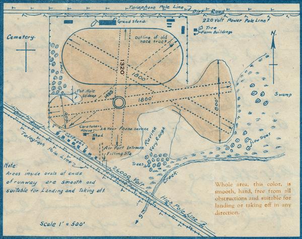 Map of Oneida County-Rhinelander Airport which was laid out at the county fairgrounds. The map appears on the reverse side of a letter Roy Larson received from the Rhinelander airport managers. The entire pink area, they noted, "is smooth, hard, free from all obstructions and suitable for landing or taking off in any direction." The airport management also reminded potential users: "Official government statistics, in both Europe and the United States, show that there are less accidents, in proportion to the number of persons carried, in air travel than in auto travel. This letter appears in the records of the Larson Brothers Airport housed in the Historical Society's area research center at the University of Wisconsin-Oshkosh.