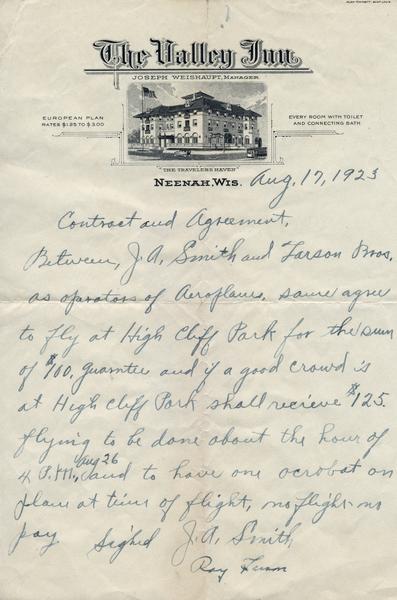 "No flight, no pay."  The informal contract between J.A. Smith of Neenah and Roy Larson of Larsen, Wisconsin. Roy Larson established a rural airport in Larsen in 1922 with two airplanes.  To make a living, he and his brothers also flew exhibitions in neighboring counties.  This letter is part of the Larson Brothers collection housed at the Historical Society's area research center at the University of Wisconsin-Oshkosh.