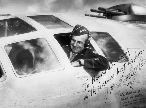 A photograph of General James H. Doolittle in a B-29, inscribed to aviation publicist, Harry Bruno. Doolittle's illustrious career included air racing during the 1930s and the daring Toyko Raid on April 18, 1942.