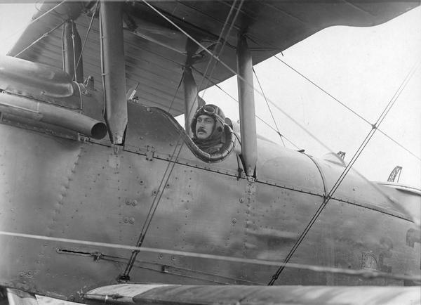 Captain John B. Stetson, Jr., the officer in charge of flying instruction at the American Expeditionary Force, 2nd Aviation Instruction Center near Tours, France. This photograph, taken by the Aerial Photography School, permits close examination of the fuselage of his deHavilland DH-4.