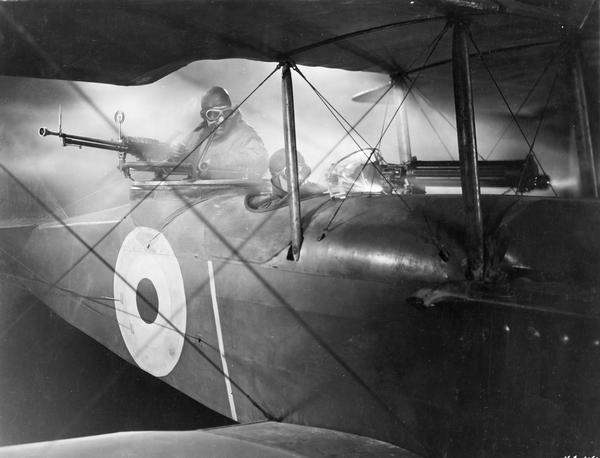 An aerial combat scene from "Hell's Angel's," Howard Hughes' classic 1930 motion picture about the British Air Force during World War I.  This film was distributed by United Artists, whose records are part of the Wisconsin Center for Film and Theatre Research at the Historical Society.