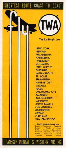 A Transcontinental & Western Airline schedule, effective July 1, 1933.  Charles Lindbergh began his association with commercial aviation in 1928 when Transcontinental Air Transport (TAT) hired him as a technical adviser.  Taping into his public image they named their new transcontinental route in his honor. The Lindbergh association continued after TAT merged with Western Air Express to form Transcontinental and Western Air (TWA) in 1930.  Although TWA did not offer direct connections to Wisconsin at the time this schedule was printed, the company did operate a reservations office in Milwaukee.
