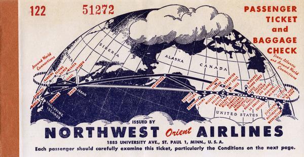 Passenger ticket and baggage check for Northwest Orient Airlines, illustrating their newly initiated around-the-globe routes to the Far East. This ticket was used by George Urdang of Madison for a round trip to Washington, D.C. The total charge, plus tax, was $95.57.