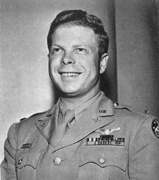 Portrait of Major Richard Ira Bong, medal of honor winner from Poplar, Wisconsin. Flying a P-38, Bong shot down more enemy aircraft than any other American pilot during World War II.