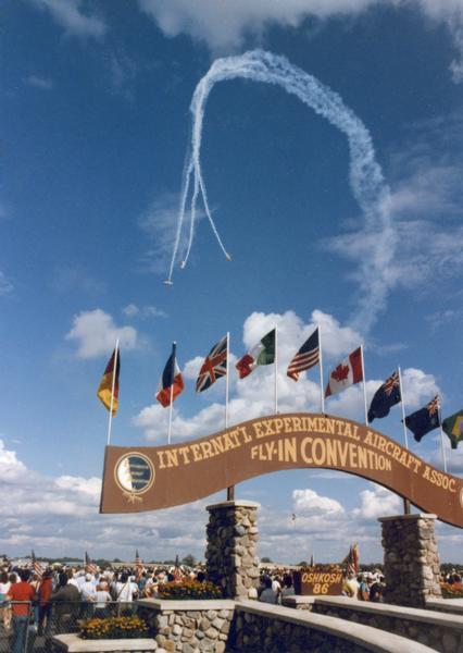 Aerial acrobatics at the Experimental Aviation Association (EAA) convention and fly-in at Oshkosh. The EAA encompasses all aspects of sport aviation including home builders, owners of vintage airplanes, ultralights, and fans of military aviation as well as aerial acrobatics.