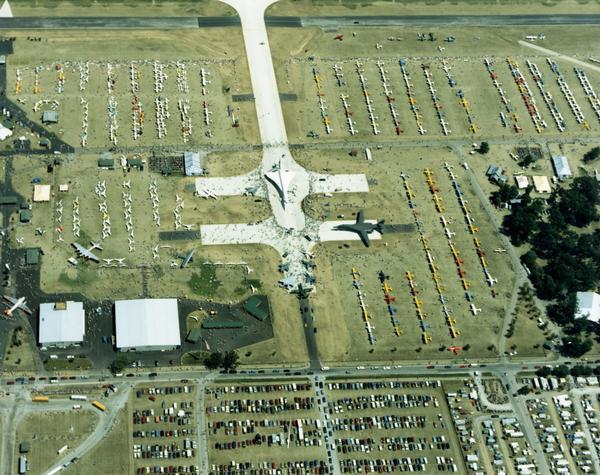 Aerial view of the 1988 EAA (Experimental Aviation Association) Convention and Fly-in at Wittman Field. On the ground is the Concorde and a B-1 Bomber.