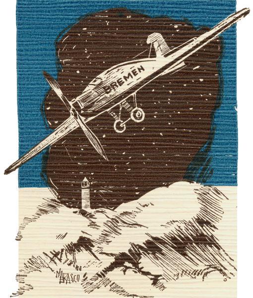 Graphic design from a souvenir publication that welcomed the three heroic pilots who crossed the Atlantic from east to west in the Bremen, a Junkers W33 airplane.  Not only was their crossing a landmark in aviation history, but the story of their rescue from an island in the Gulf of St. Lawrence was national news.  An extract from the Wisconsin News in Milwaukee noted that the nationalities of the men (German-Captain Hermann Koehl and Baron Gunther von Huenefeld, and Irish Major James Fitzmaurice) were particularly well- represented in Milwaukee.  The souvenir brochure is thought to have been published by the Bruce Publishing Co.