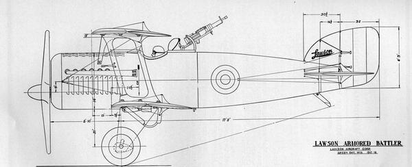 A design for the unbuilt "Lawson Battler," which Alfred Lawson conceived as an armored fighter plane armed with six machine guns.