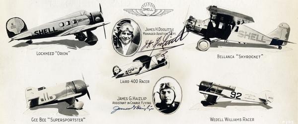 A souvenir postcard from the 1935 National Model Airplane Championship that featured illustrations of racing planes powered by Shell aviation gasoline such as the Gee Bee Sportster and the Laird 400 and portraits of two of the most famous racers: Jimmy Doolittle and Jimmy Haizlip.