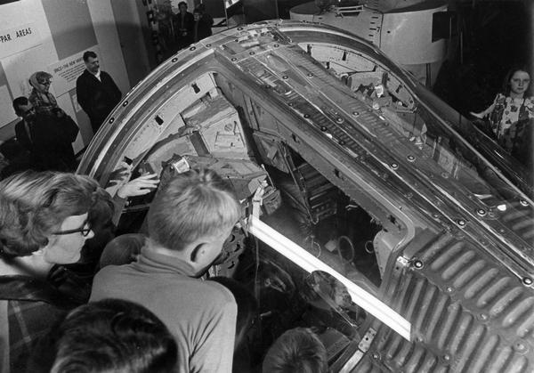 The Gemini 7 space capsule in which astronaut James Lovell flew in 1965, seen here on display at the Wisconsin Regional Space Center. 
Although born in Massachusetts, Lovell was raised in Milwaukee, and he attended the University of Wisconsin-Madison before enrolling in the Naval Academy. Lovell was part of the second and third groups of astronauts selected by NASA. He flew in space four times: Gemini 7 and 12 and Apollo 8 and 13. Apollo 13, in which Lovell was slated to become the second man to walk on the moon, brought him national attention when the space craft suffered a nearly-fatal malfunction. In "Apollo 13," the motion picture about that mission, Tom Hanks portrayed Lovell.