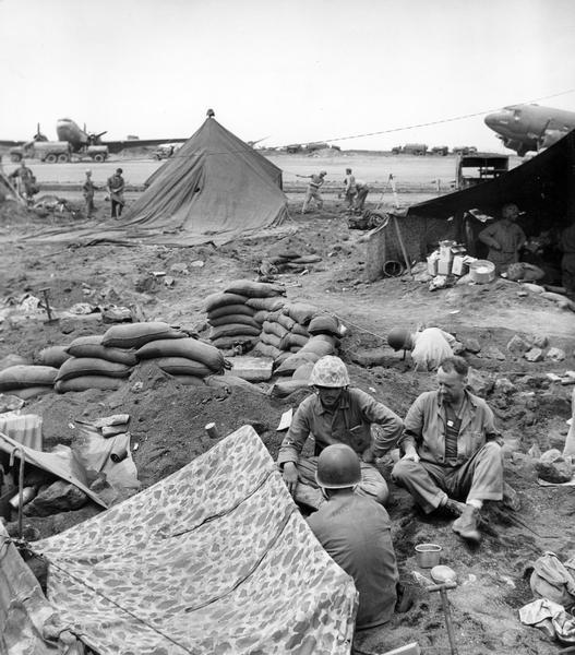 Medical facilities, Iwo Jima plus nine.  This image is one of many taken by Milwaukee photographer Dickey Chapelle in the aftermath of the landing at Iwo Jima.
