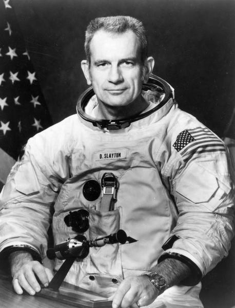 Astronaut Donald K. Slayton of Sparta, Wisconsin. Slayton enlisted in the Army Air Corps in 1942 at age 18 and flew 56 combat missions in B-25s during World War II. Later he was a test pilot and flight instructor. In 1959 NASA selected Slayton as one of the original seven Mercury astronauts, but later he was removed from flight status when an irregular heartbeat was discovered. He then became director of flight crew operations for the Gemini and Apollo programs. In 1972, a healthy Slayton was restored to flight status, and in 1975, he flew on the nine-day Apollo mission which successfully docked with the Soviet Soyuz spacecraft. Slayton died in 1993. A museum in Sparta, Wisconsin honors his memory.