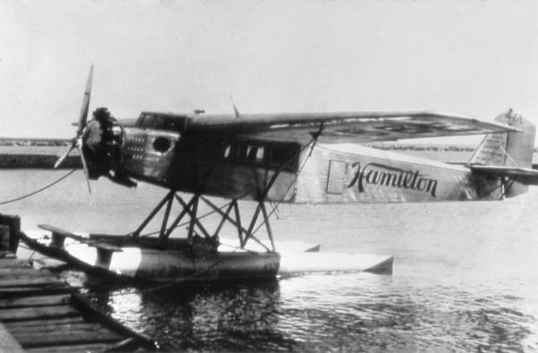 Up on floats, an all-metal airplane built by the Hamilton Aero Manufacturing Company of Milwaukee in 1928.  Thomas Hamilton already had a national reputation as the manufacturer of wooden propellers when he turned to constructing all metal planes.  The Hamilton planes were successful and by the end of 1928 the company had merged with United Aircraft, eventually becoming part of the Boeing Airplane Company.  The Milwaukee factory closed in 1929.