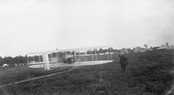 A Wright airplane at Indianapolis showing the starting runway track used to launch the plane. This snapshot was taken by Arthur Pratt Warner, Wisconsin's first aviator, who attended several aviation meets and demonstrations during 1910.