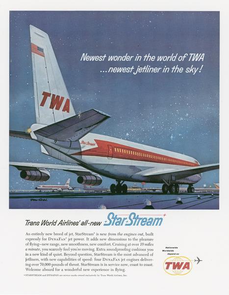 A magazine advertisement designed by the Foote, Cone and Belding agency for its client, Trans World Airlines. The advertisement was designed to dramatically represent the new Convair 880 jetliners being introduced by TWA.  The FCB records are one of many advertising collections available for research at the Wisconsin Historical Society Archives.