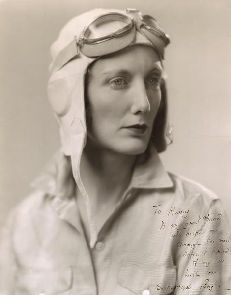 A glamour portrait of aviator Beryl Markham inscribed to her publicist Harry Bruno. Markham, a former Kenyan bush pilot, had recently completed (but just barely) the first solo east-to-west Atlantic crossing by a woman. Bruno's papers are one of many mass communications collections in the Wisconsin Historical Society Archives.