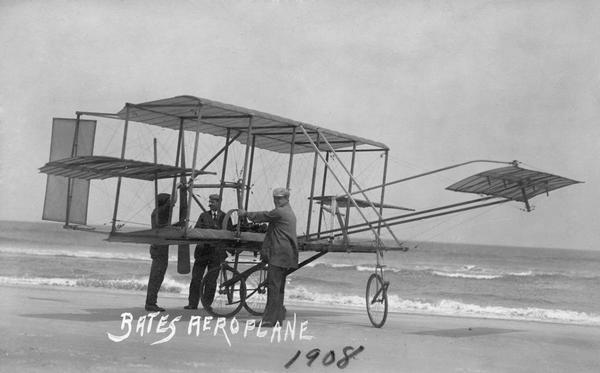 The airplane invented by Carl S. Bates on the beach at Daytona Beach, Florida. Coverage of this event by a local newspaper noted that the advantages of Bates' machine included a highly efficient and self-starting 12 hsp engine. Bates was originally from Clear Lake, Iowa.